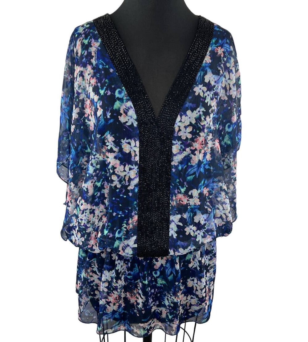 Badgley Mischka Blue Pink Floral Print V-Neckline Beaded Swimsuit Cover Up Sz L